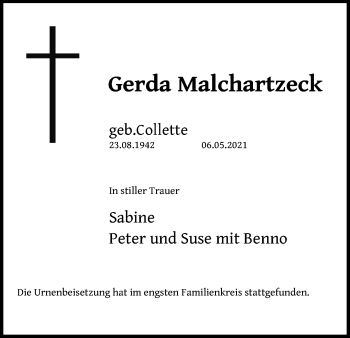 Anzeige von Gerda Malchartzeck von Kölner Stadt-Anzeiger / Kölnische Rundschau / Express