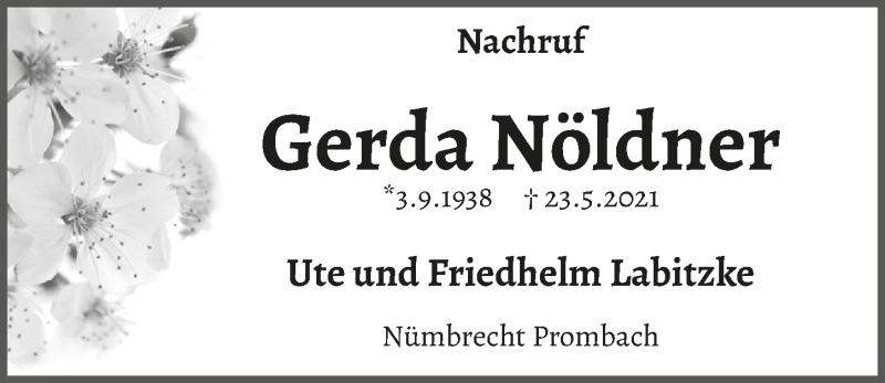 Traueranzeige für Gerda Nöldner vom 11.06.2021 aus  Anzeigen Echo 