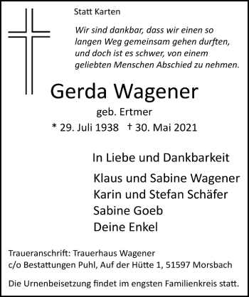 Anzeige von Gerda Wagener von  Lokalanzeiger 