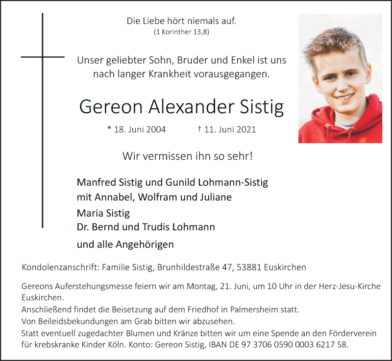  Traueranzeige für Gereon Alexander Sistig vom 17.06.2021 aus Kölner Stadt-Anzeiger / Kölnische Rundschau / Express