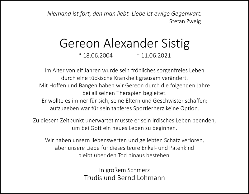  Traueranzeige für Gereon Alexander Sistig vom 17.06.2021 aus Kölner Stadt-Anzeiger / Kölnische Rundschau / Express