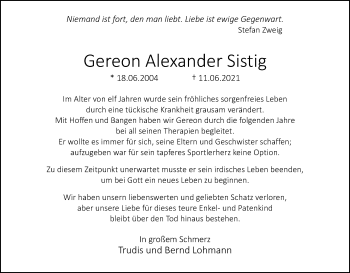 Anzeige von Gereon Alexander Sistig von Kölner Stadt-Anzeiger / Kölnische Rundschau / Express