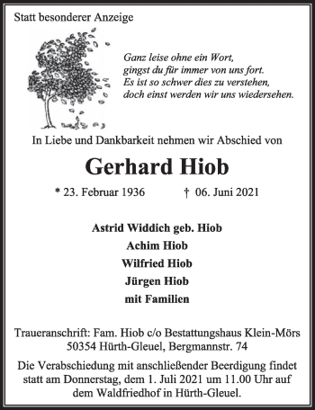 Anzeige von Gerhard Hiob von  Wochenende 