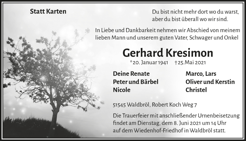  Traueranzeige für Gerhard Kresimon vom 04.06.2021 aus  Lokalanzeiger 