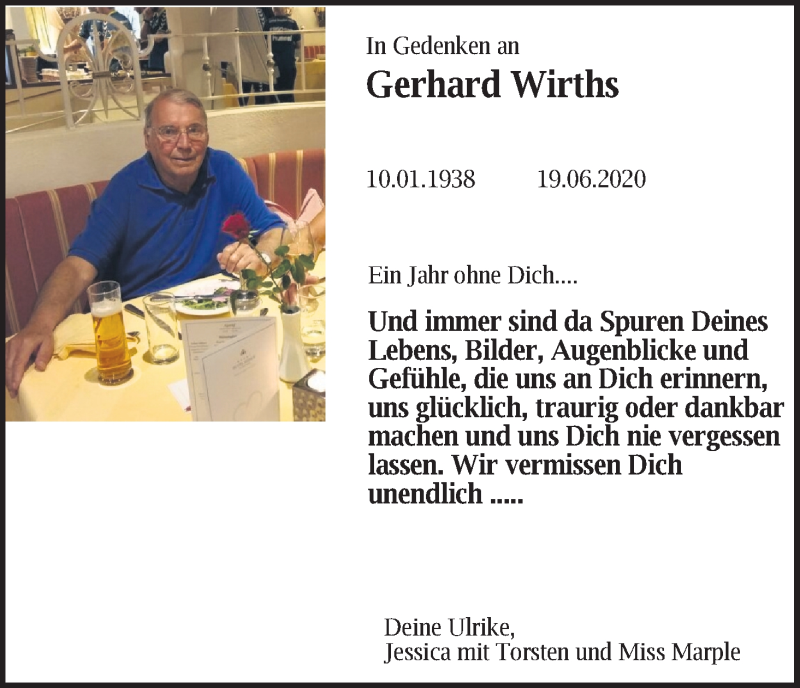  Traueranzeige für Gerhard Wirths vom 19.06.2021 aus Kölner Stadt-Anzeiger / Kölnische Rundschau / Express