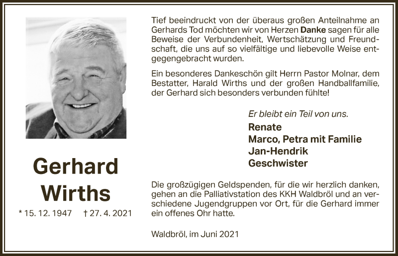  Traueranzeige für Gerhard Wirths vom 25.06.2021 aus  Lokalanzeiger 
