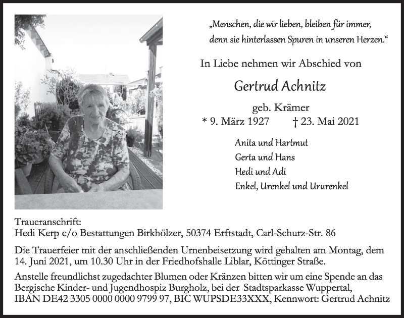  Traueranzeige für Gertrud Acknitz vom 04.06.2021 aus  Werbepost 