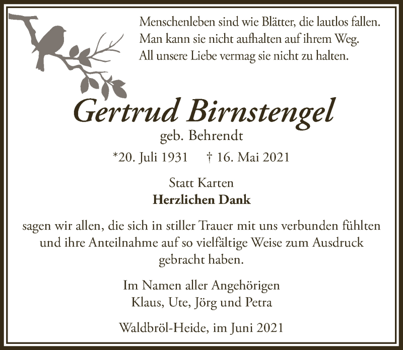  Traueranzeige für Gertrud Birnstengel vom 18.06.2021 aus  Lokalanzeiger 