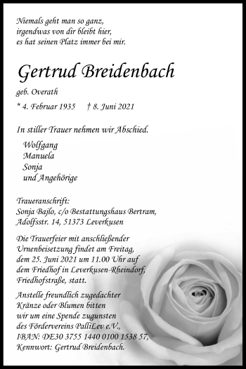 Anzeige von Gertrud Breidenbach von Kölner Stadt-Anzeiger / Kölnische Rundschau / Express