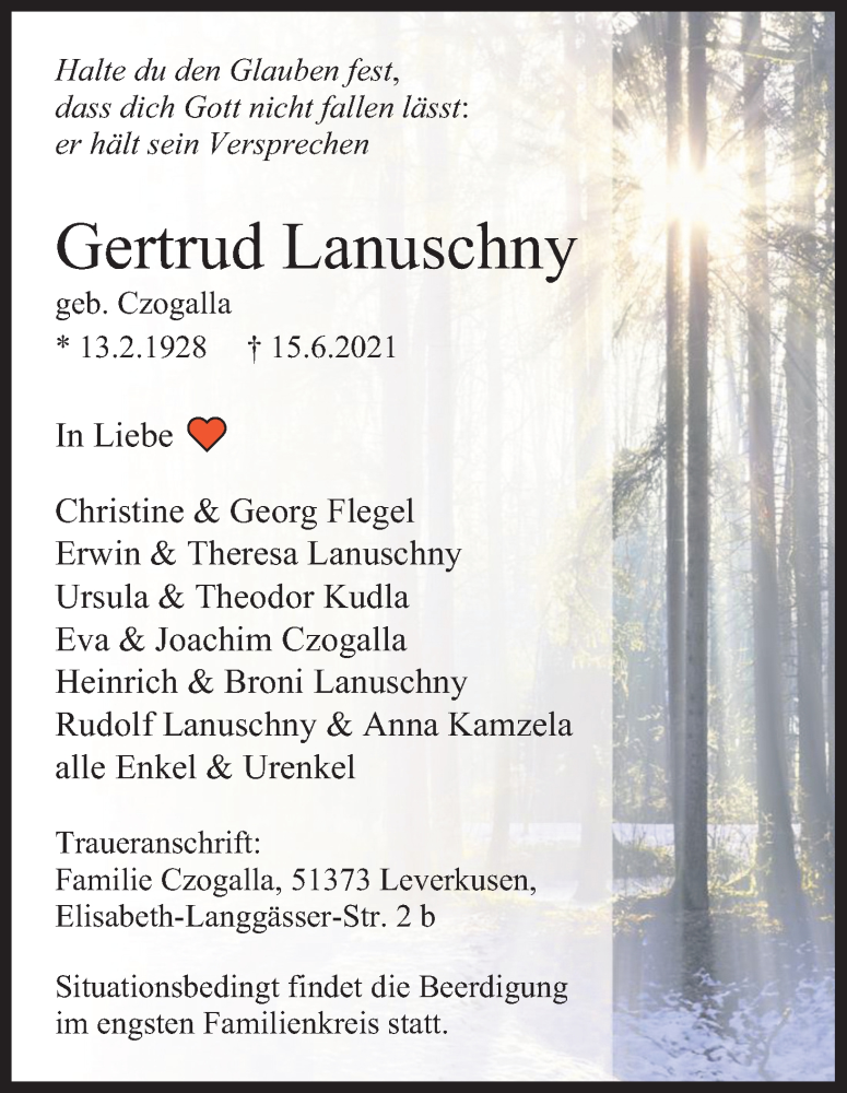  Traueranzeige für Gertrud Lanuschny vom 19.06.2021 aus Kölner Stadt-Anzeiger / Kölnische Rundschau / Express