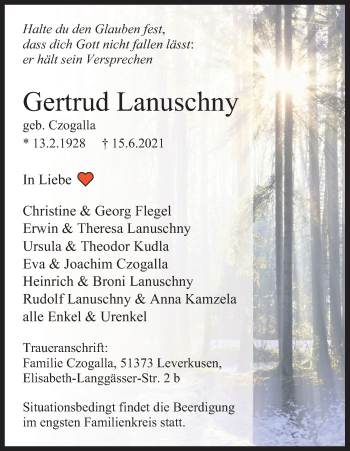 Anzeige von Gertrud Lanuschny von Kölner Stadt-Anzeiger / Kölnische Rundschau / Express