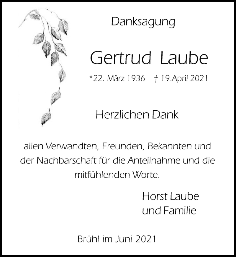  Traueranzeige für Gertrud Laube vom 04.06.2021 aus  Schlossbote/Werbekurier 