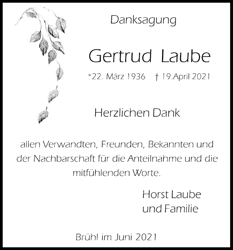  Traueranzeige für Gertrud Laube vom 03.06.2021 aus Kölner Stadt-Anzeiger / Kölnische Rundschau / Express
