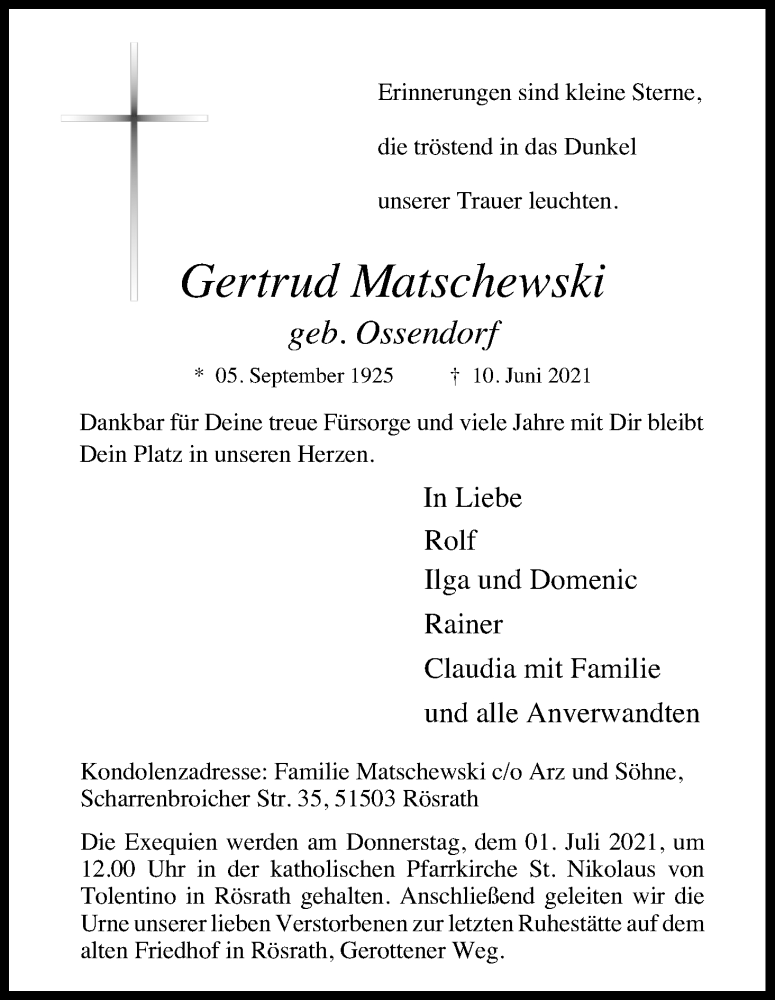  Traueranzeige für Gertrud Matschewski vom 26.06.2021 aus Kölner Stadt-Anzeiger / Kölnische Rundschau / Express