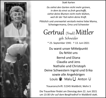 Anzeige von Gertrud  Mittler von  Lokalanzeiger 