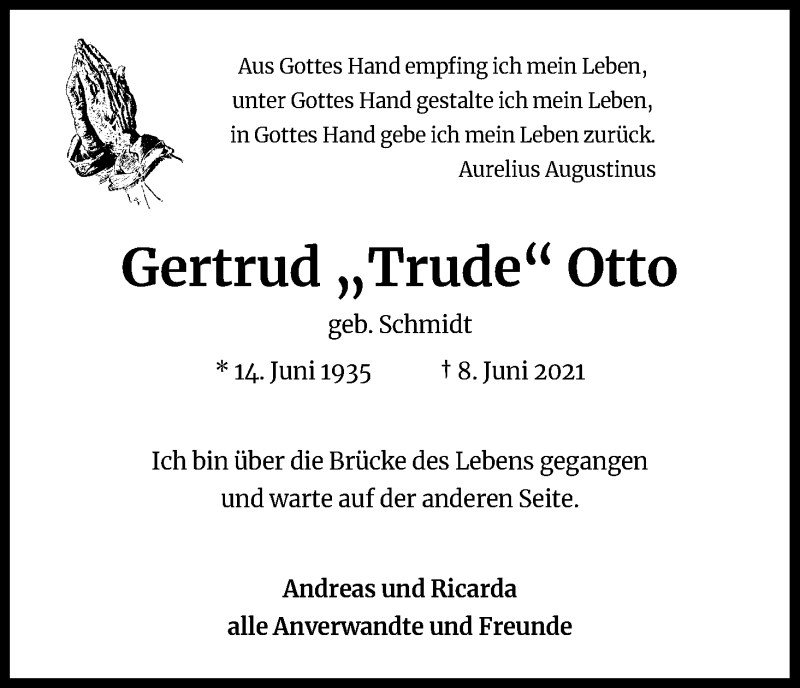  Traueranzeige für Gertrud Otto vom 19.06.2021 aus Kölner Stadt-Anzeiger / Kölnische Rundschau / Express