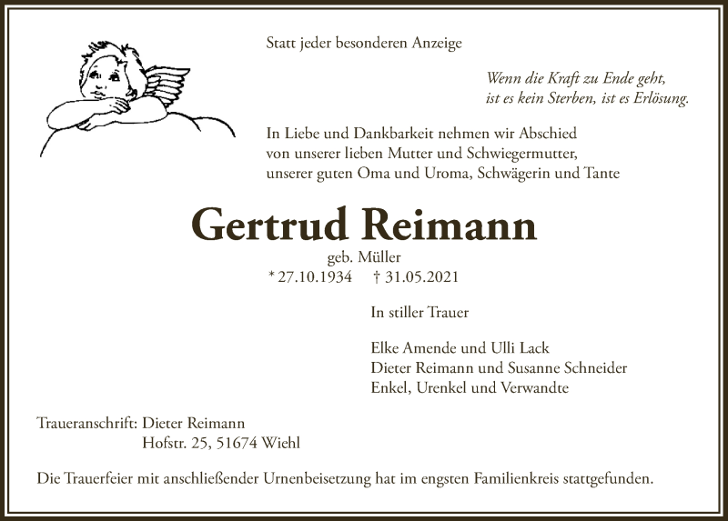  Traueranzeige für Gertrud Reimann vom 11.06.2021 aus  Lokalanzeiger 