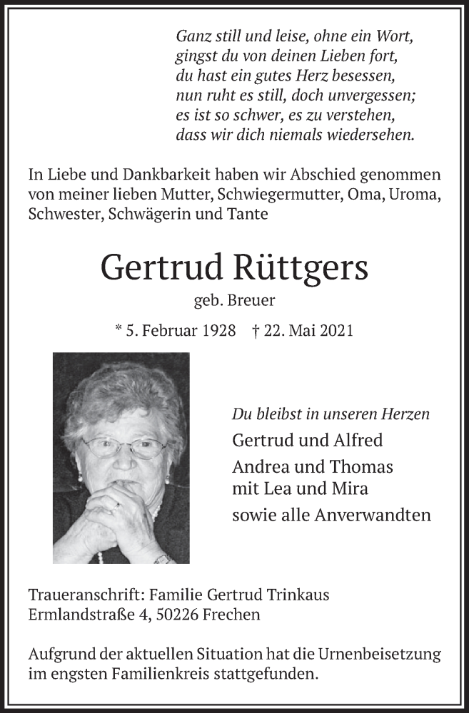  Traueranzeige für Gertrud Rüttgers vom 04.06.2021 aus  Wochenende 