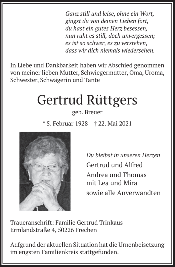 Anzeige von Gertrud Rüttgers von  Wochenende 