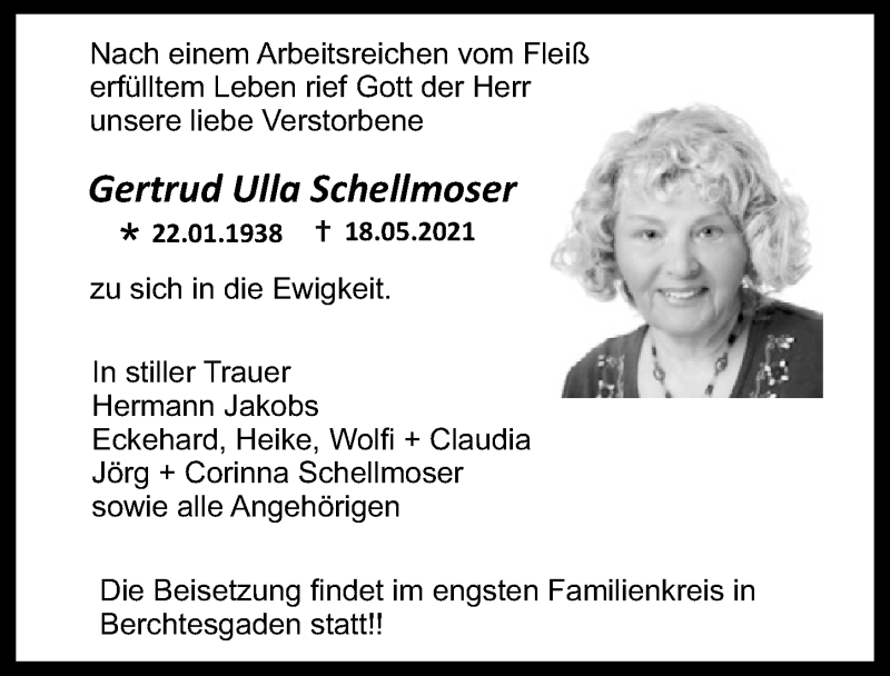  Traueranzeige für Gertrud Ulla Schellmoser vom 04.06.2021 aus  Kölner Wochenspiegel 