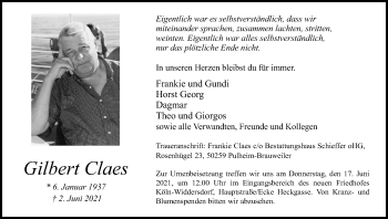 Anzeige von Gilbert Claes von Kölner Stadt-Anzeiger / Kölnische Rundschau / Express