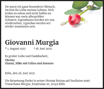 Anzeige von Giovanni Murgia von Kölner Stadt-Anzeiger / Kölnische Rundschau / Express