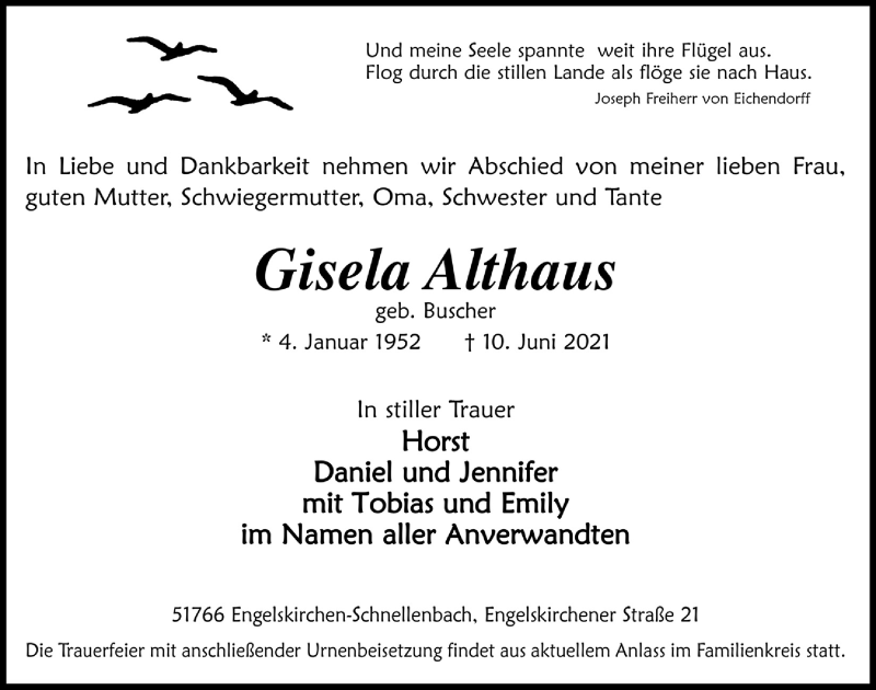  Traueranzeige für Gisela Althaus vom 18.06.2021 aus  Anzeigen Echo 