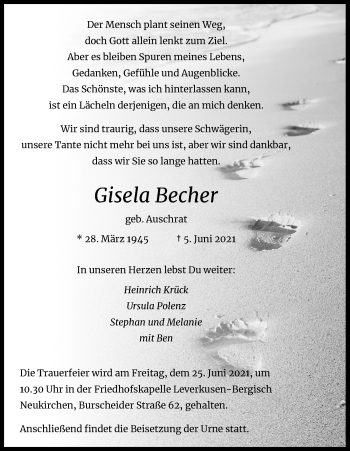 Anzeige von Gisela Becher von Kölner Stadt-Anzeiger / Kölnische Rundschau / Express