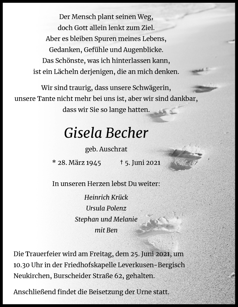  Traueranzeige für Gisela Becher vom 19.06.2021 aus Kölner Stadt-Anzeiger / Kölnische Rundschau / Express