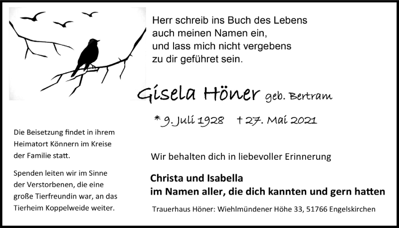  Traueranzeige für Gisela Höner vom 11.06.2021 aus  Anzeigen Echo 