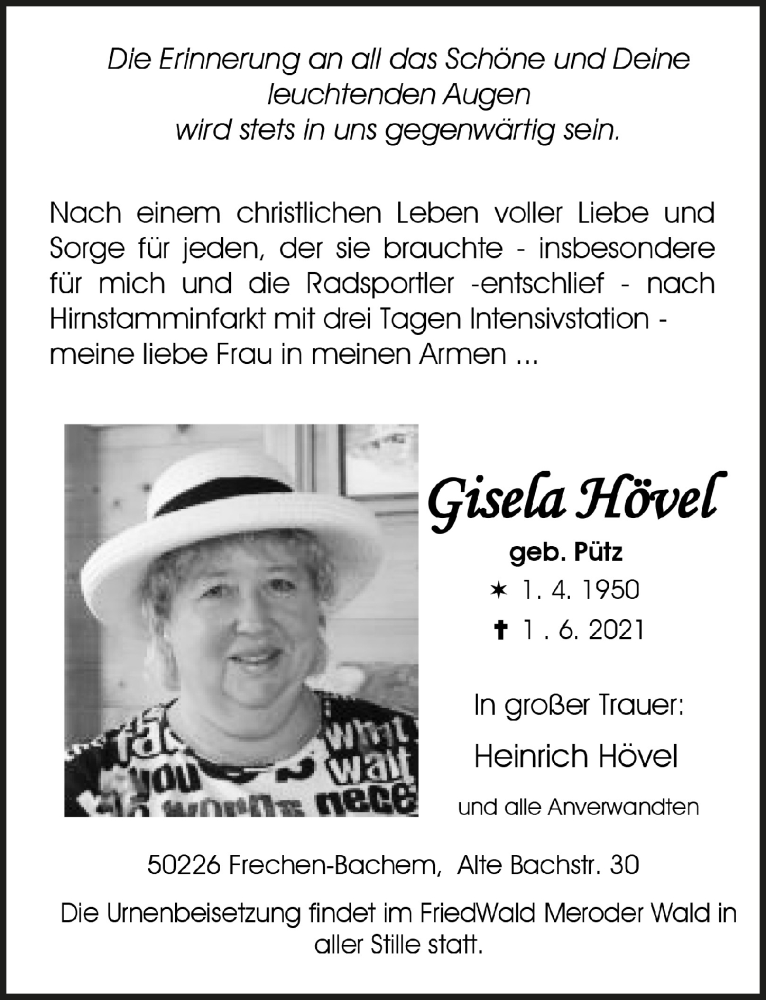  Traueranzeige für Gisela Hövel vom 11.06.2021 aus  Wochenende 