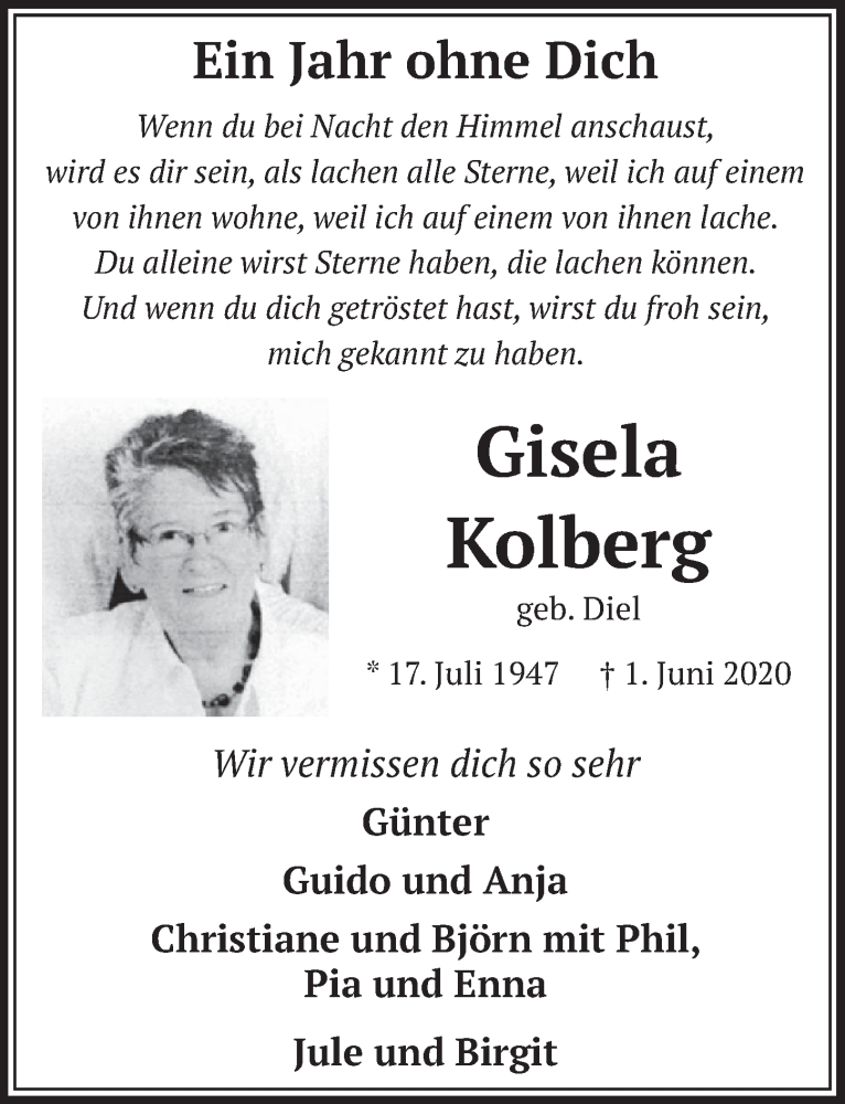  Traueranzeige für Gisela Kolberg vom 04.06.2021 aus  Wochenende 