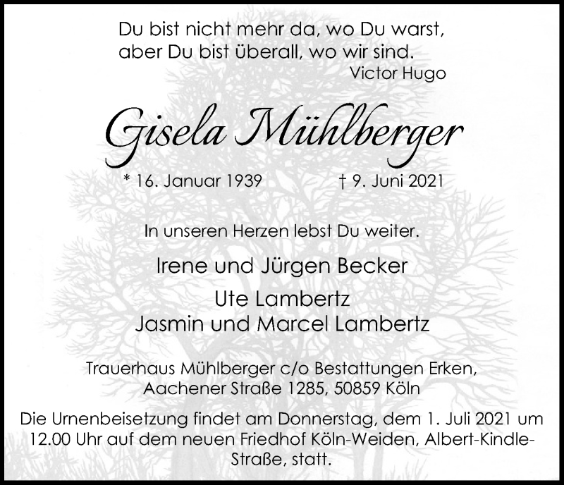  Traueranzeige für Gisela Mühlberger vom 26.06.2021 aus Kölner Stadt-Anzeiger / Kölnische Rundschau / Express
