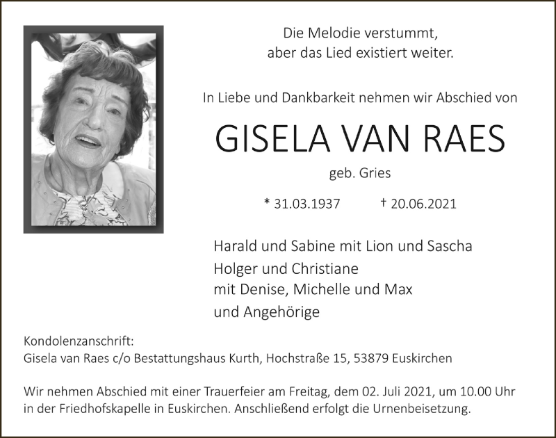  Traueranzeige für Gisela van Raes vom 26.06.2021 aus  Blickpunkt Euskirchen 