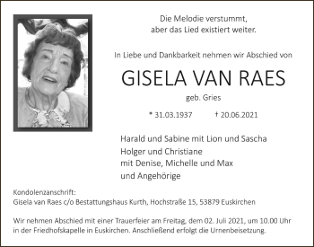 Anzeige von Gisela van Raes von  Blickpunkt Euskirchen 