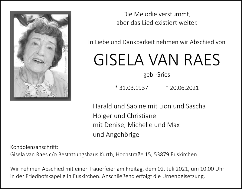  Traueranzeige für Gisela van Raes vom 26.06.2021 aus Kölner Stadt-Anzeiger / Kölnische Rundschau / Express