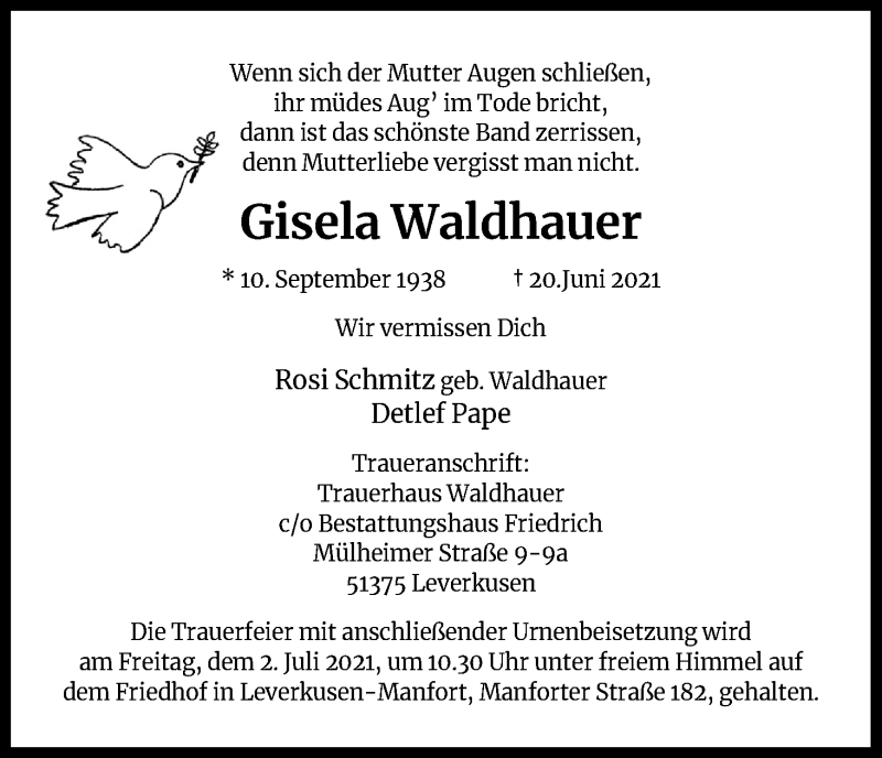  Traueranzeige für Gisela Waldhauer vom 26.06.2021 aus Kölner Stadt-Anzeiger / Kölnische Rundschau / Express