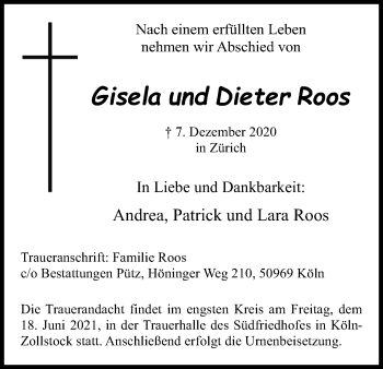 Anzeige von Gisela und Dieter Roos von Kölner Stadt-Anzeiger / Kölnische Rundschau / Express