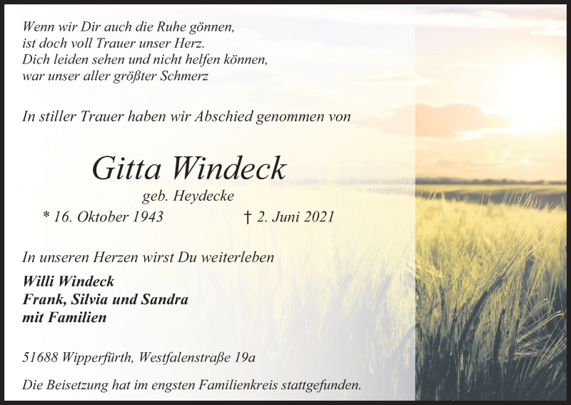  Traueranzeige für Gitta Windeck vom 24.06.2021 aus Kölner Stadt-Anzeiger / Kölnische Rundschau / Express