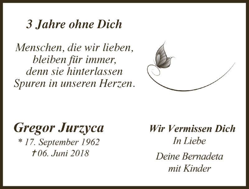  Traueranzeige für Gregor Jurzyca vom 04.06.2021 aus  Anzeigen Echo 