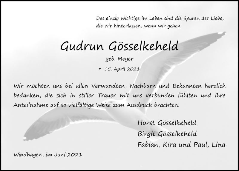  Traueranzeige für Gudrun Gösselkeheld vom 18.06.2021 aus  Anzeigen Echo 