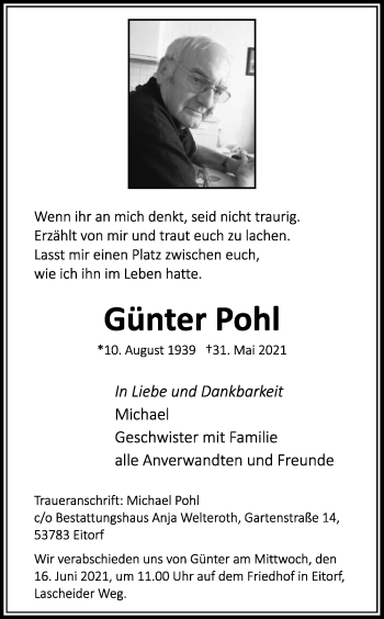 Anzeige von Günter Pohl von Kölner Stadt-Anzeiger / Kölnische Rundschau / Express