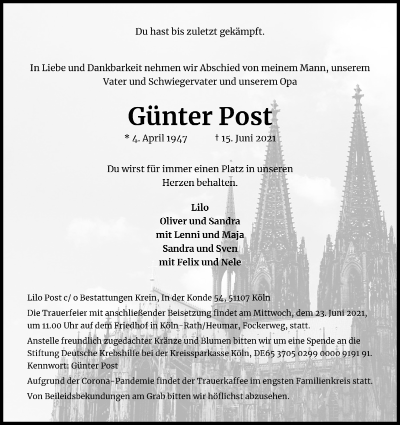  Traueranzeige für Günter Post vom 19.06.2021 aus Kölner Stadt-Anzeiger / Kölnische Rundschau / Express