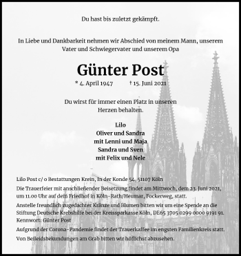 Anzeige von Günter Post von Kölner Stadt-Anzeiger / Kölnische Rundschau / Express