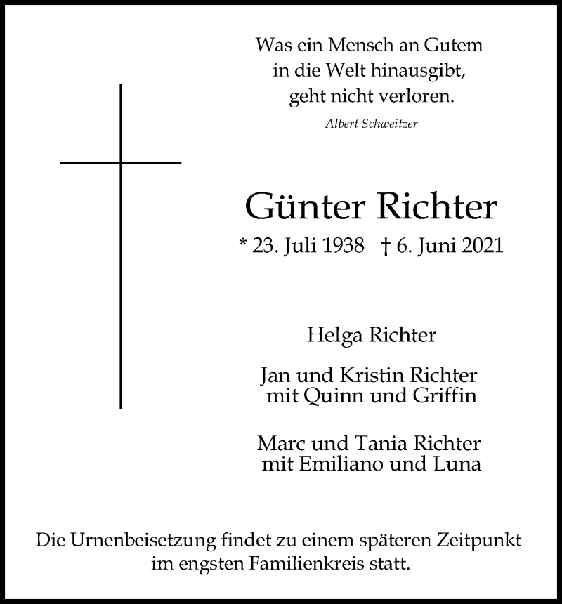  Traueranzeige für Günter Richter vom 12.06.2021 aus Kölner Stadt-Anzeiger / Kölnische Rundschau / Express