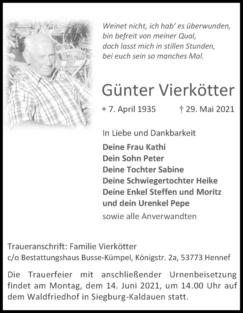  Traueranzeige für Günter Vierkötter vom 05.06.2021 aus Kölner Stadt-Anzeiger / Kölnische Rundschau / Express