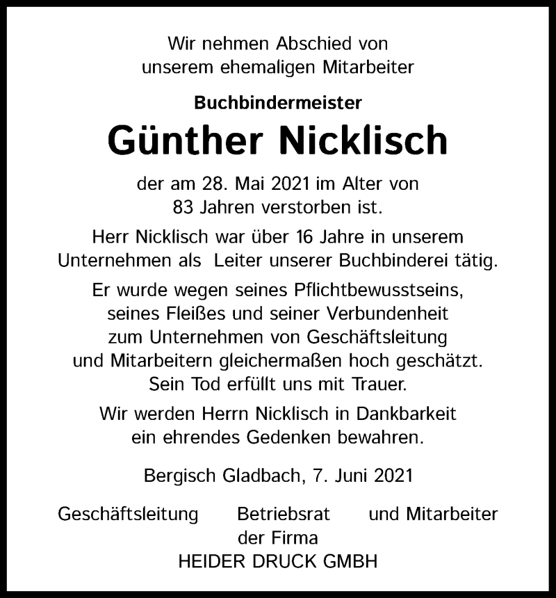  Traueranzeige für Günther Nicklisch vom 08.06.2021 aus Kölner Stadt-Anzeiger / Kölnische Rundschau / Express
