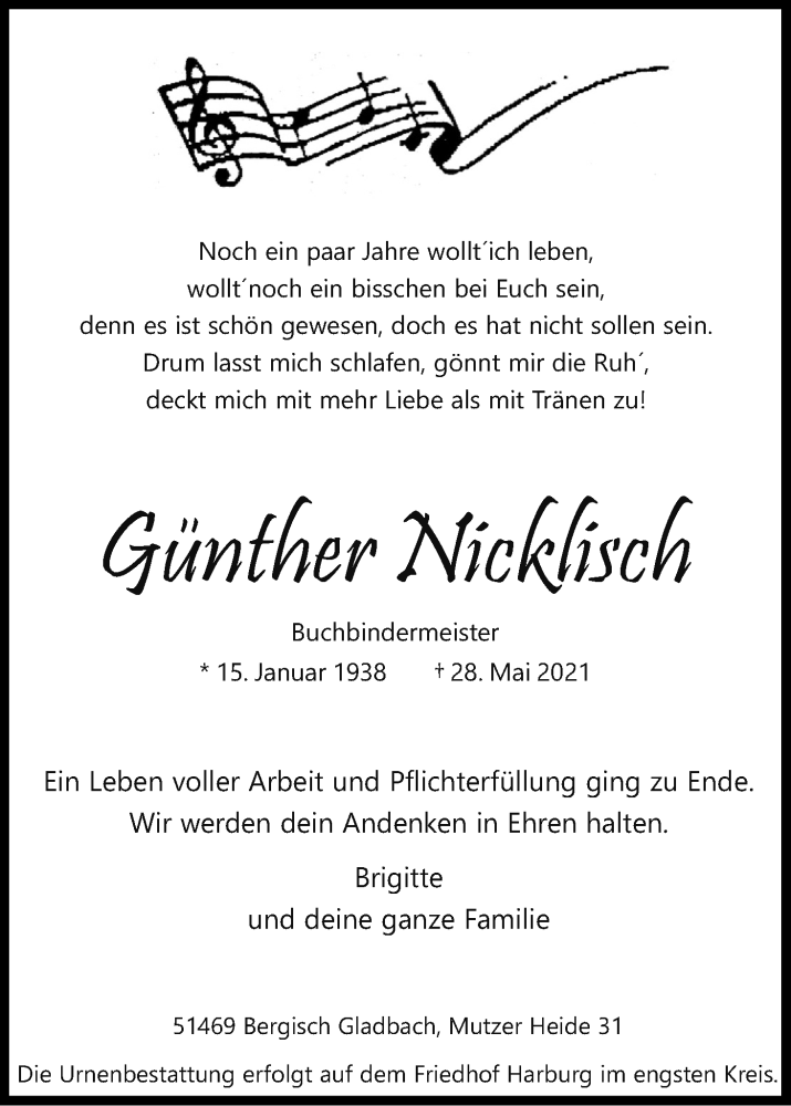  Traueranzeige für Günther Nicklisch vom 05.06.2021 aus Kölner Stadt-Anzeiger / Kölnische Rundschau / Express