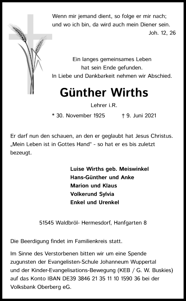  Traueranzeige für Günther Wirths vom 12.06.2021 aus Kölner Stadt-Anzeiger / Kölnische Rundschau / Express