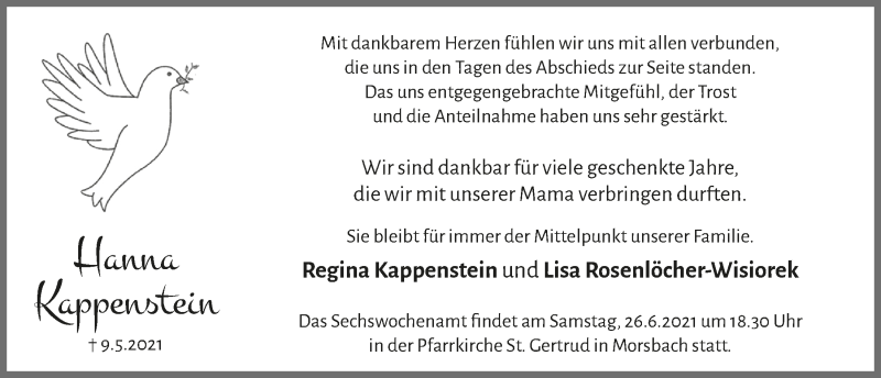  Traueranzeige für Hanna Kappenstein vom 18.06.2021 aus  Lokalanzeiger 